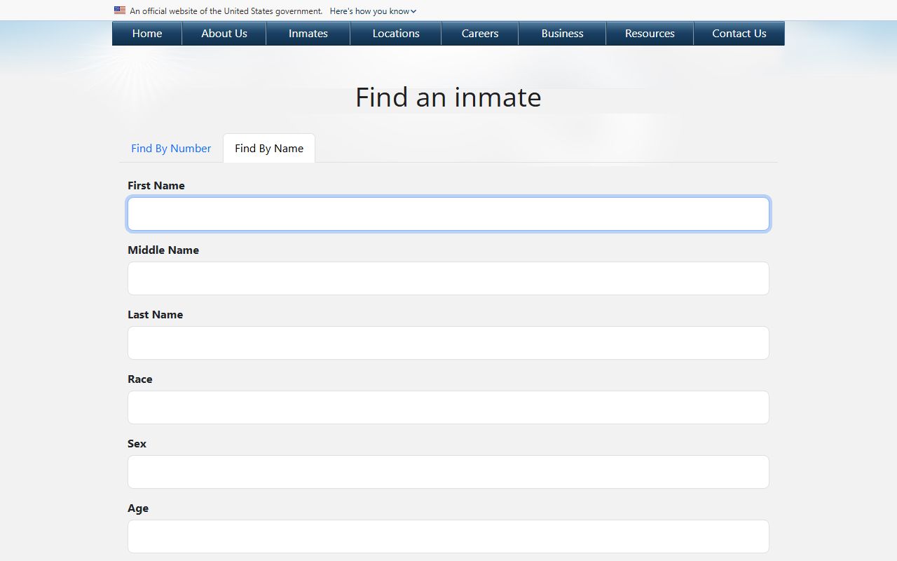 BOP inmate name search form with name, race, sex, and age fields