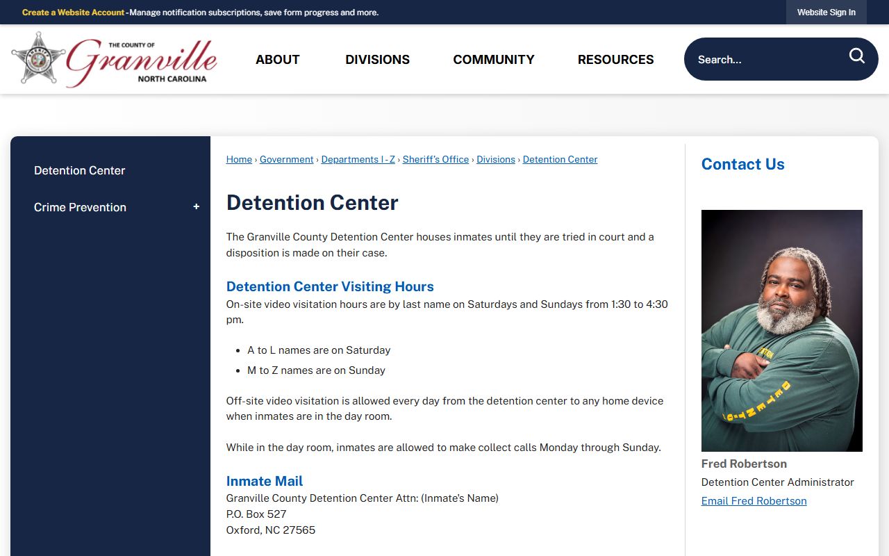 Granville County Detention Center inmate population and jail services page