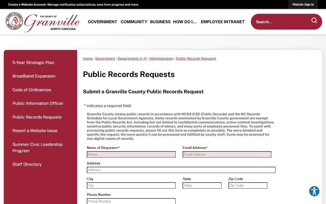 Granville County public records request form for inmate records