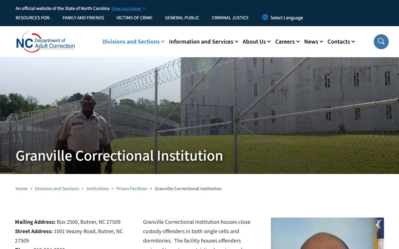 Granville Correctional Institution inmate lookup and NCDAC facility page